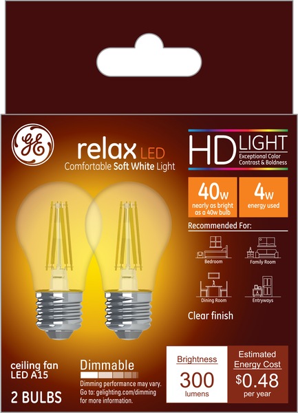GE Relax HD 40W Soft White LED Light Bulbs, A15, 2 CT