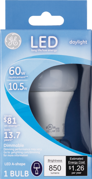 GE Daylight Medium Base 11w LED A19 Bulb, White