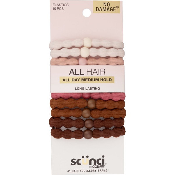 Scunci All Day Medium Hold Elastics with Bead, Assorted Colors, 10 CT