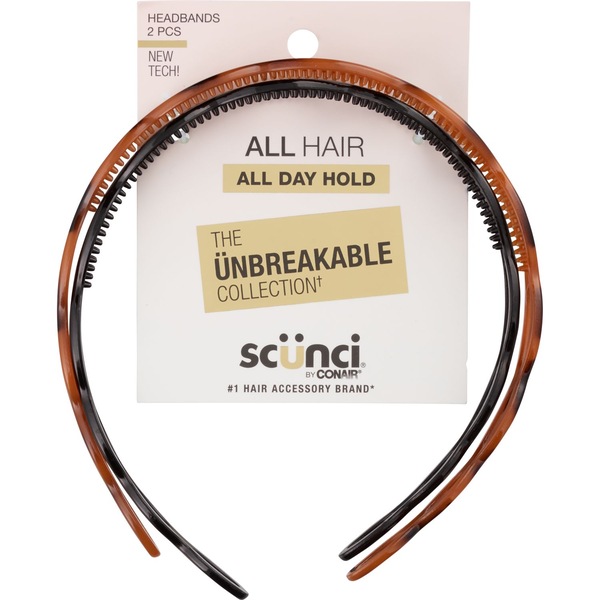 Scunci by Conair Unbreakable All Day Hold Headband, Black/Brown, 2 CT