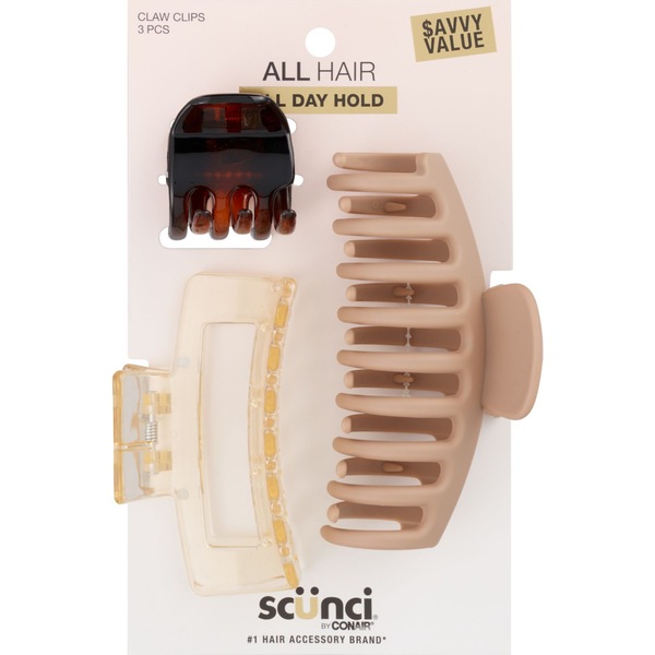Scunci All Day Hold Assorted Claw Clips, Assorted Colors, 3 CT