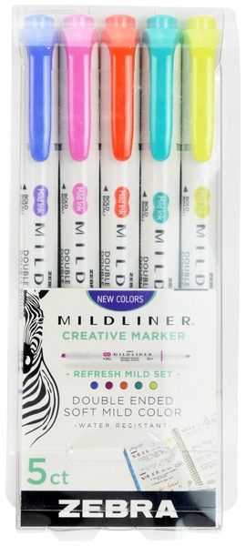 Zebra Pen Mildliner Double Ended Highlighter, Assorted Refresh Mild Set, 5 CT