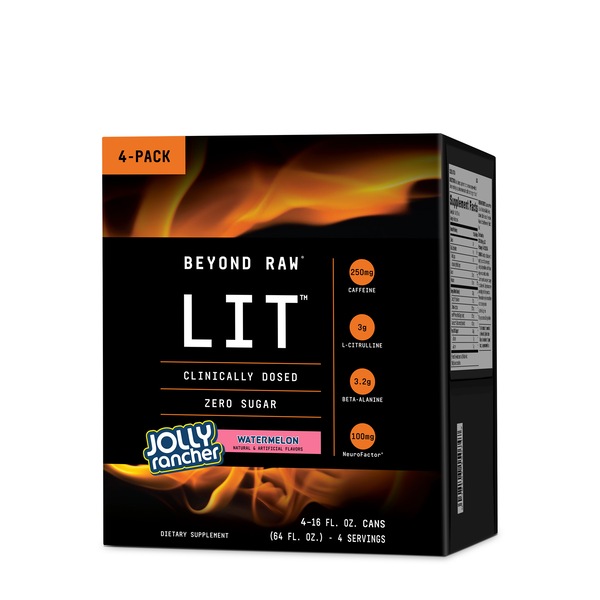 GNC Beyond Raw LIT On-The-Go Pre-Workout, Jolly Rancher Watermelon, 4 - 16OZ Cans