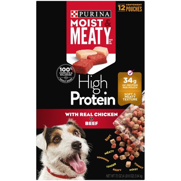 Purina Moist & Meaty High Protein Dog Food, With Real Chicken & Beef, 12 Pouches