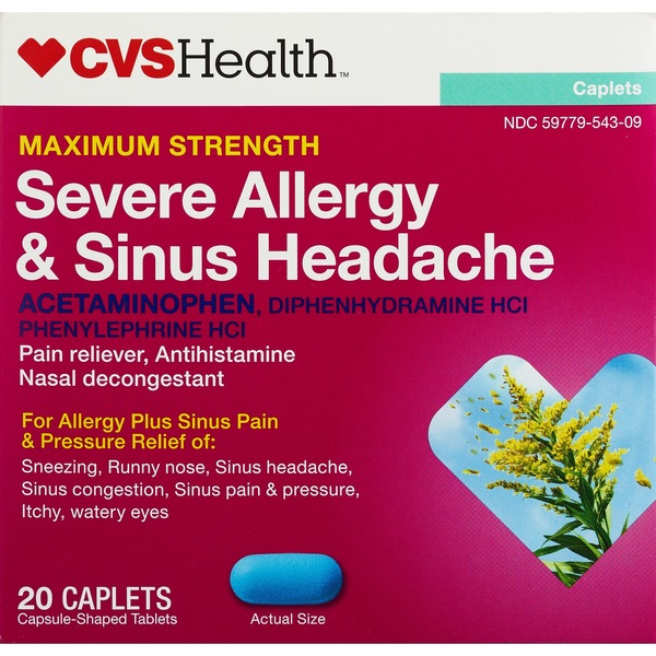 CVS Health - Acetaminophen en tabletas para el alivio de alergia intensa y el dolor de cabeza sinusal, potencia máxima, 20 u.