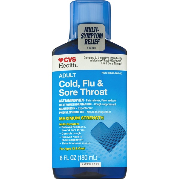 CVS Health Maximum Strength Adult Cold, Flu & Sore Throat Liquid, 6 OZ