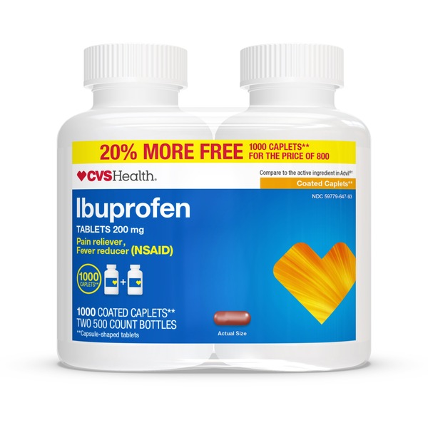 CVS Health Ibuprofen Pain Reliever & Fever Reducer (NSAID) 200 MG Coated Caplets, 500 CT, 2 PACK