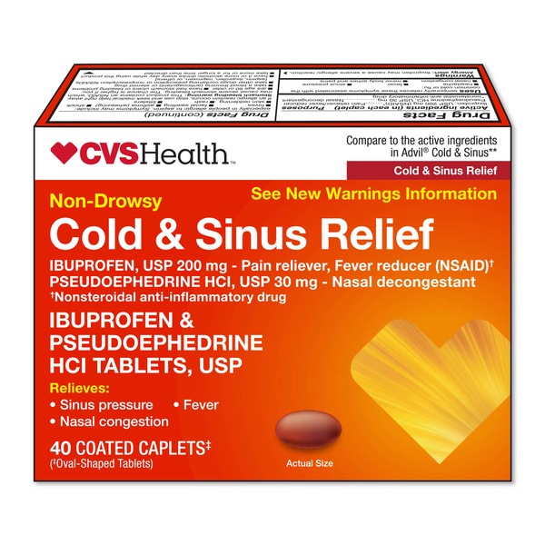 CVS Health Non-Drowsy Cold & Sinus Relief Ibuprofen & Pseudoephedrine HCl Tablets, USP, 40 CT
