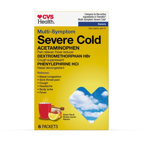 CVS Health Multi-Symptom Severe Cold Relief Packets, Green Tea & Honey Lemon, 6 CT