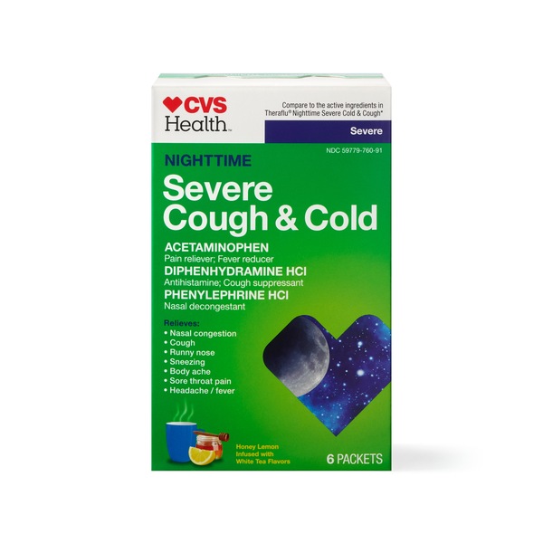 CVS Health Nighttime Severe Cough & Cold Drink Packets, Honey Lemon, 6 CT