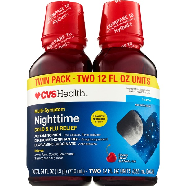 CVS Health Multi-Symptom Nighttime Cold & Flu Relief Twin Pack, Cherry, 2 12 OZ bottles