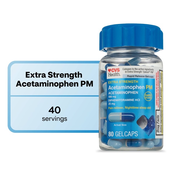 CVS Health Extra Stength Acetaminophen PM Pain Reliever & Nighttime Sleep-Aid Gelcaps, 80 CT