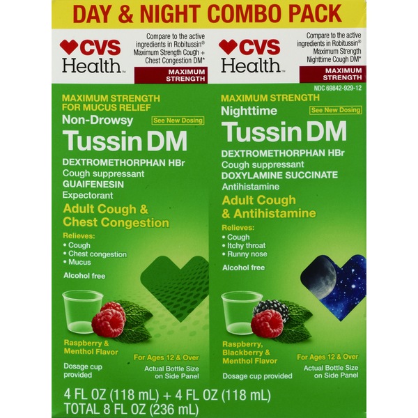 CVS Health Maximum Strength Day + Nighttime Tussin DM Cough and Chest Congestion Combo Pack, 2 4 OZ bottles