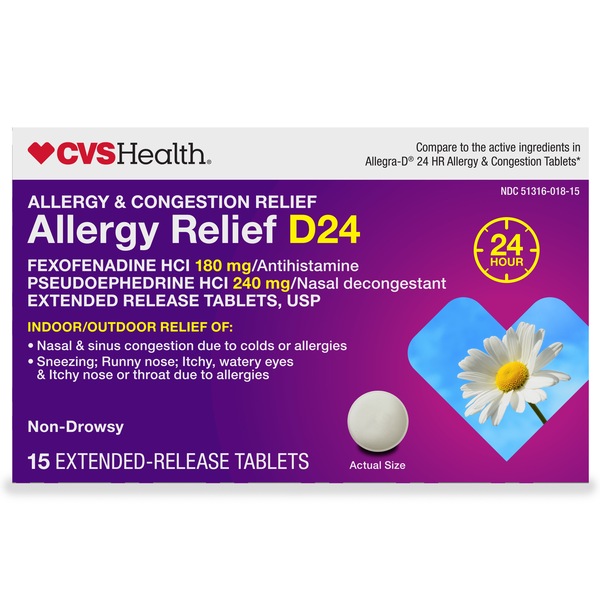 CVS Health Allergy Relief D Extended-Release Tablets, Fexofenadine HCl 180 mg & Pseudoephedrine HCl 240 mg Extended-Release Tablets, USP, 15 CT
