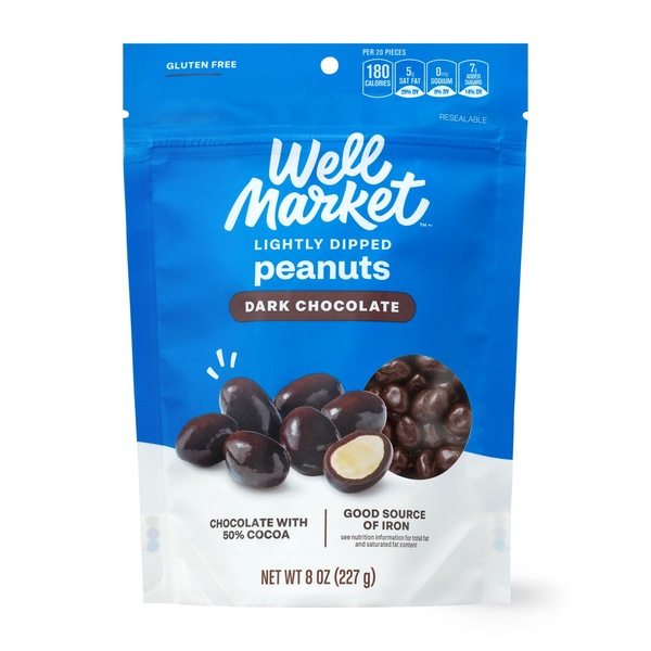 Well Market Thinly Dipped Dark Chocolate Peanuts, 8 oz