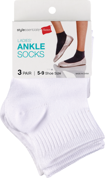 Style Essentials by Hanes Ladies' Ankle Socks 3 Pairs, Size 5-9