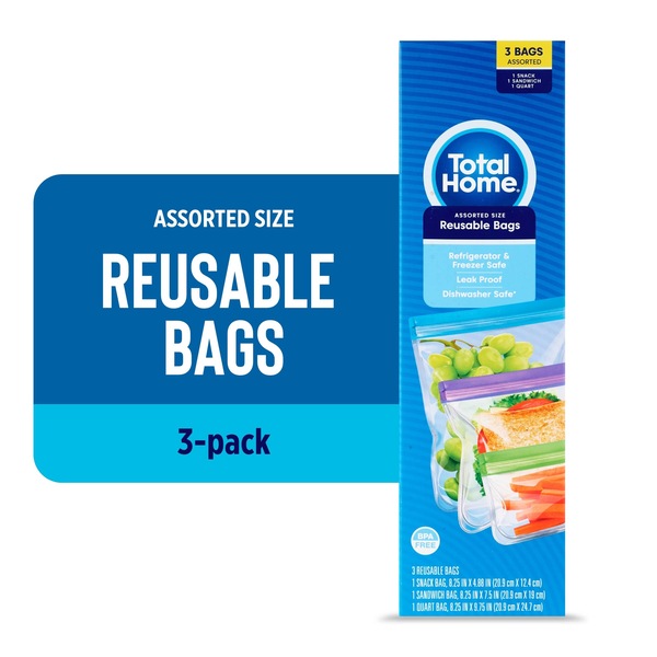 Total Home Reusable Food Storage Bags, Assorted Sizes, 3 ct