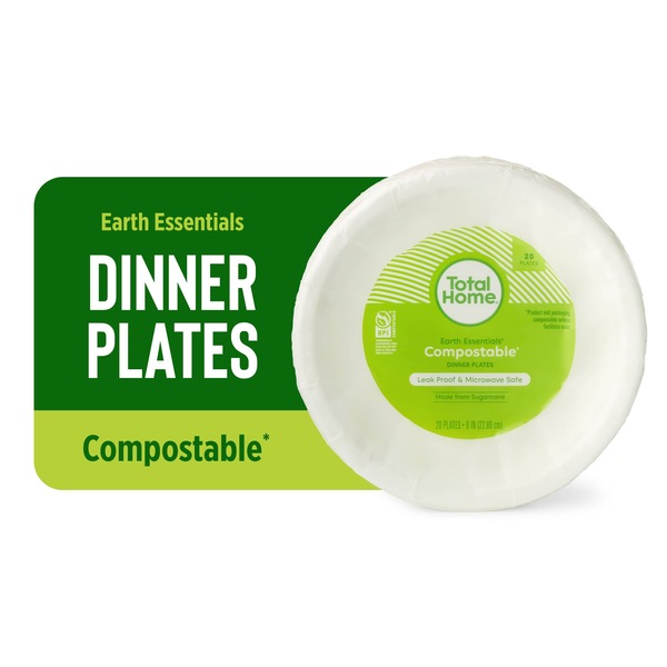 Total Home Earth Essentials Compostable Dinner Plate, 9 in, 20 ct