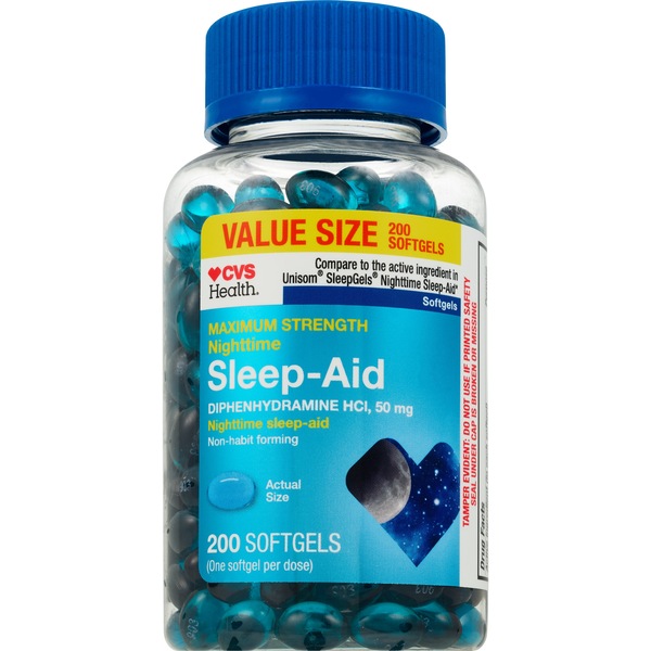 CVS Health Maximum Strength Nighttime Sleep Aid Diphenhydramine HCI 50 MG Softgels, 200 CT