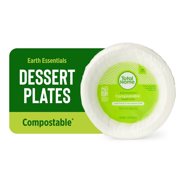 Total Home Earth Essentials Compostable Dessert Plate, 6 in, 20 ct