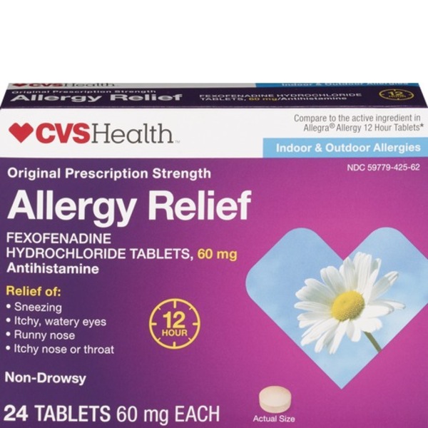 CVS Health 12Hr Non Drowsy Allergy Relief Fexofenadine HCl Tablets, 24 CT