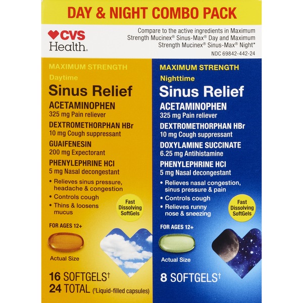 CVS Health Maximum Strength Sinus Relief Acetaminophen Day + Night Combo Pack, 24 CT