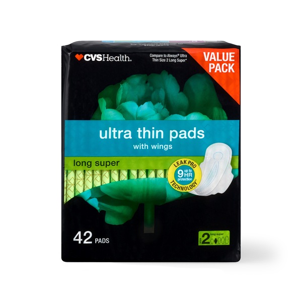 CVS Health Ultra Thin Long Pads with Wings, Super, 42 CT