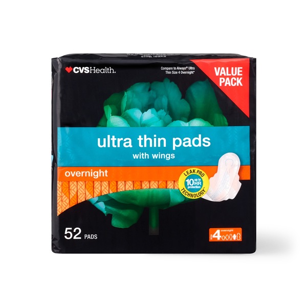 CVS Health Ultra Thin Pads with Wings, Overnight, 52 CT