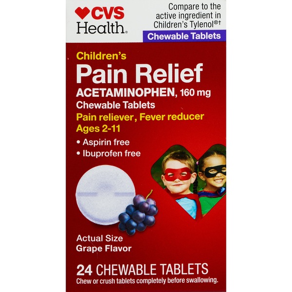 CVS Health Children's Acetaminophen Pain Reliever & Fever Reducer Chewable Tablets, Grape, 24 CT