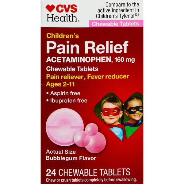 CVS Health Children's Acetaminophen Pain Reliever & Fever Reducer Chewable Tablets, Bubble Gum, 24 CT