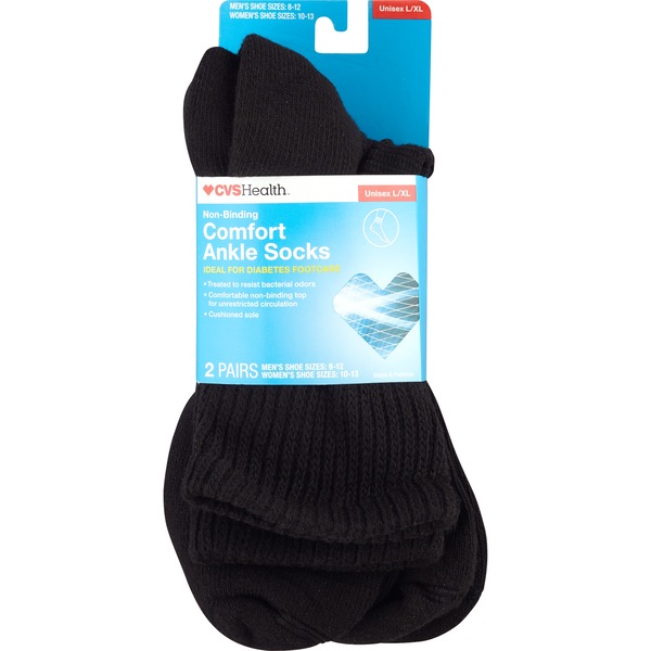 CVS Health Non-Binding Comfort Ankle Socks for Diabetics Unisex, 2 Pairs, L/XL, Black