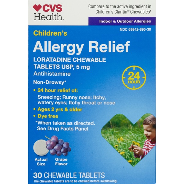 CVS Health Children's 24HR Allergy Relief Dye Free Loratadine Chewable Tablets, Grape, 30 CT