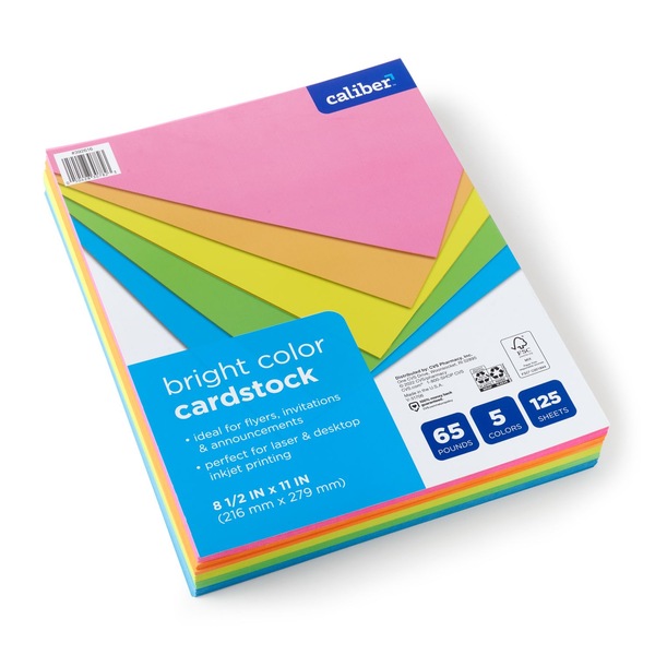 Caliber Bright Color Cardstock, 5 Assorted Colors, 8 1/2" x 11", 65 lb., 125 Sheets