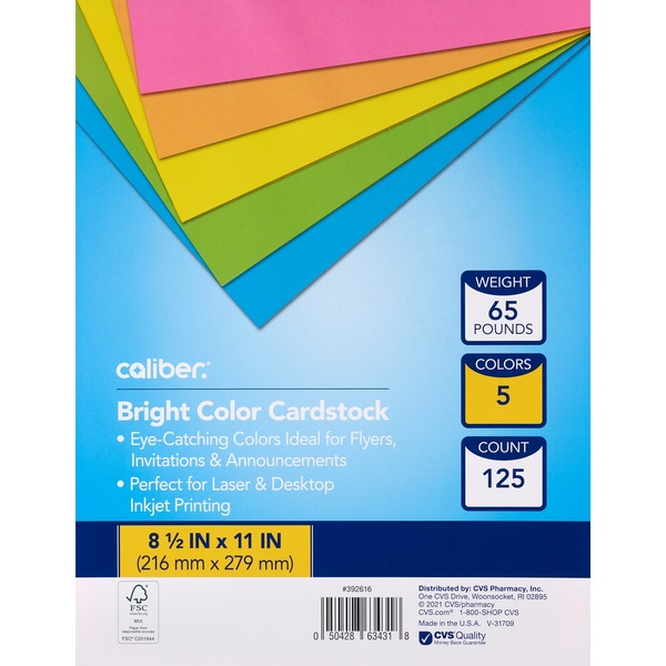 Caliber Bright Color Cardstock, 5 Assorted Colors, 8 1/2" x 11", 65 lb., 125 Sheets