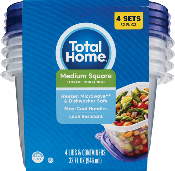 Total Home Medium Square Food Storage Containers, 32oz, 4CT