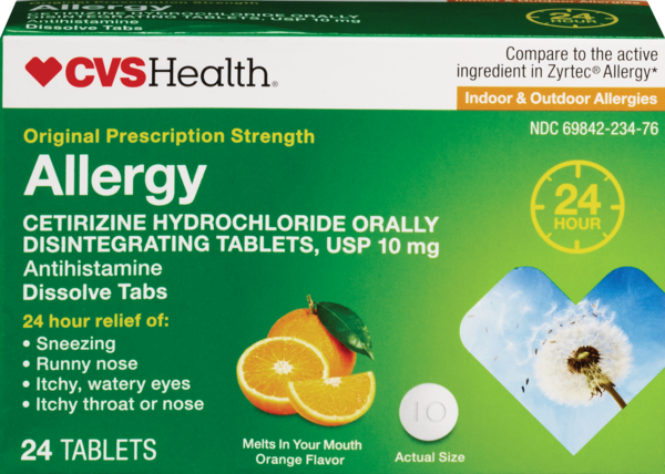 CVS Health 24HR Allergy Cetirizine HCl Orally Disintegrating Tablets, Orange, 24 CT