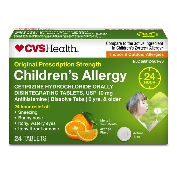 CVS Health Children's 24HR Allergy Cetirizine HCl Orally Disintegrating Tablets, Orange, 24 CT