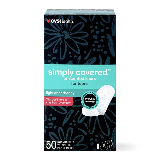 CVS Health Simply Covered Liners for Teens, Unscented, Light, 50 CT
