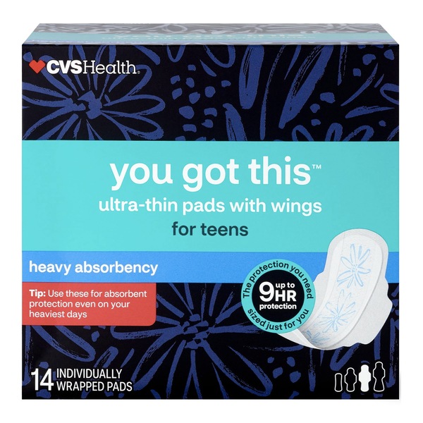 CVS Health You Got This Ultra-thin pads for Teens with wings, Heavy, 14 CT