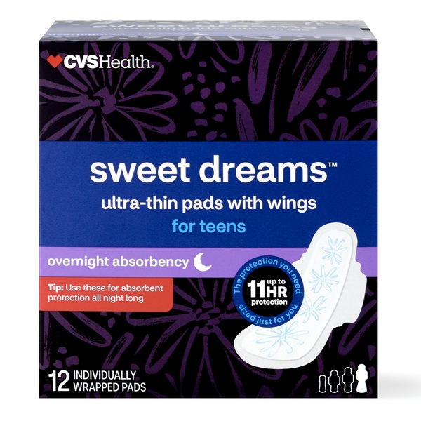 CVS Health Sweet Dreams Ultra-thin Pads for Teens with wings, Overnight, 12 CT
