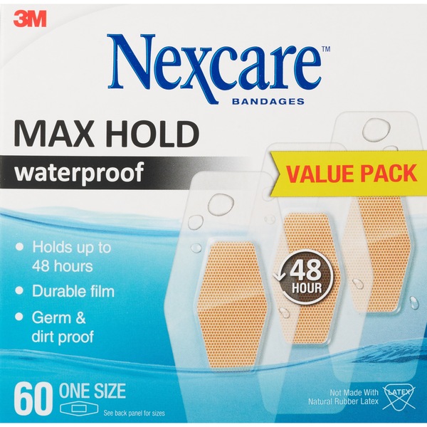 Nexcare Max Hold Waterproof Bandages, One Size, 60 CT
