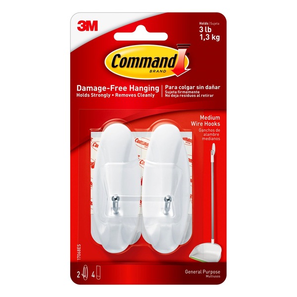 Command Medium Wire Hooks, White, 2 Hooks, 4 Strips/Pack