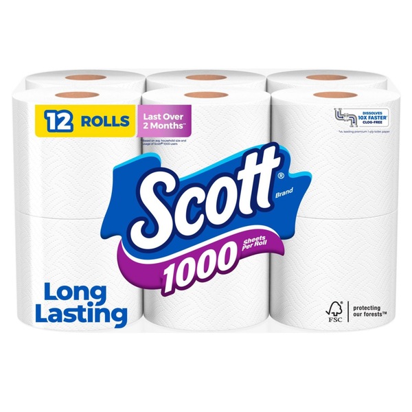Scott 1000 Toilet Paper, 1 ply, 12 ct