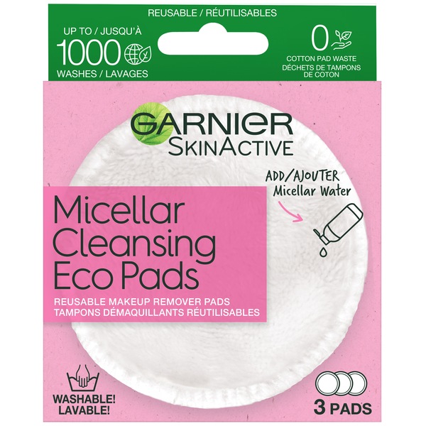 Garnier SkinActive Micellar Cleansing Eco Pads - Almohadillas de limpieza ecológicas reutilizables con agua micelar, 3 u.