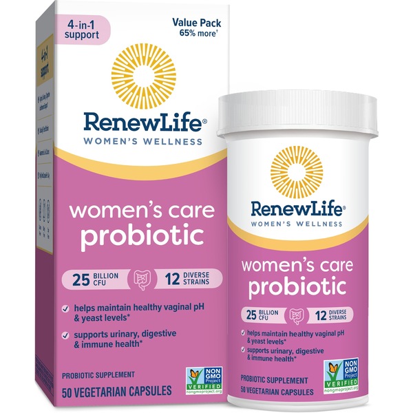 Renew Life Women’s Wellness #1 Selling Women's Probiotic,** Women’s Care Probiotic, 4-in-1 Support, 25 Billion CFU/Capsule Guaranteed, 12 Strains, Shelf-Stable, 50 Capsules, Value Pack 65% More*