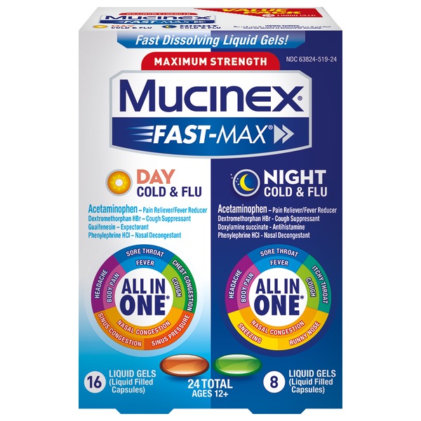 Mucinex Fast-Max - Alivio para el resfrío y gripe grave en cápsulas blandas, para el día y la noche, 24 u.