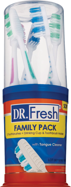 Dr. Fresh Velocity - Paquete familiar, 5 cepillos dentales más vaso y soporte para cepillos
