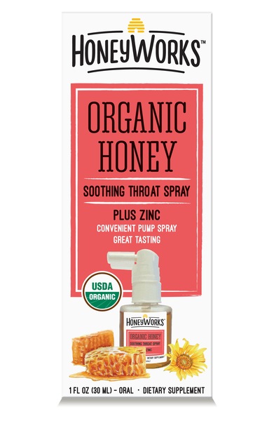 HoneyWorks Organic Honey Soothing Throat Spray with Zinc, 1 OZ