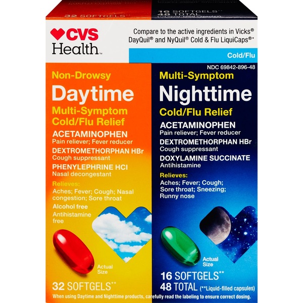 CVS Health Day + Nighttime Multi-Symptom Cold + Flu Relief Softgels Combo Pack, 48 CT