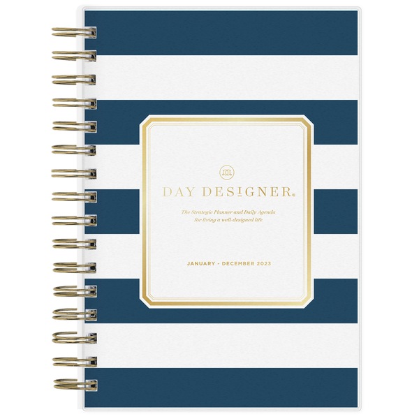 Day Designer 2023 Tabbed Weekly and Monthly Planner, 5 in. x 8 in., Navy Stripe